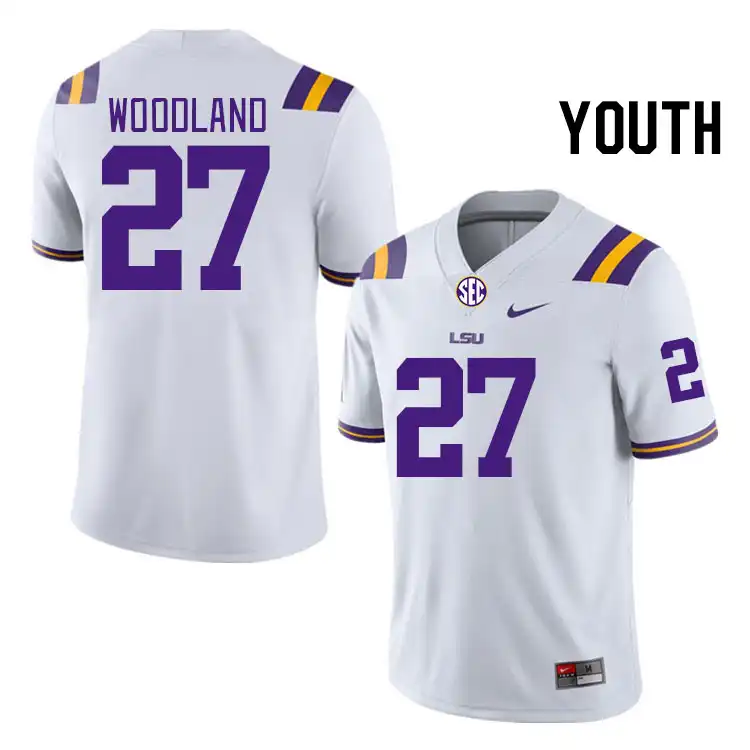 Youth LSU Tigers PJ Woodland #27 White NCAA Football Jersey